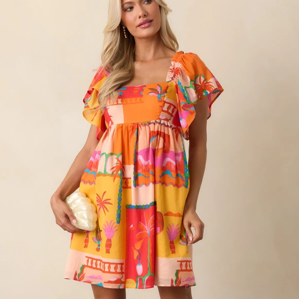 BY THE SHORE ORANGE TROPICAL PRINT COTTON MINI DRESS